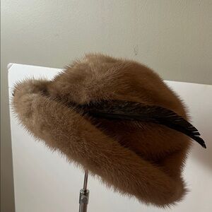 Vintage Tan Mink Fur Hat with Leather Feather Accent Made in Canada Quiet Luxury